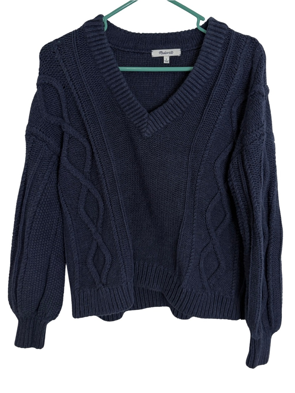 Madewell Navy Blue Cable Knit V-Neck Long Sleeve Sweater Size Small